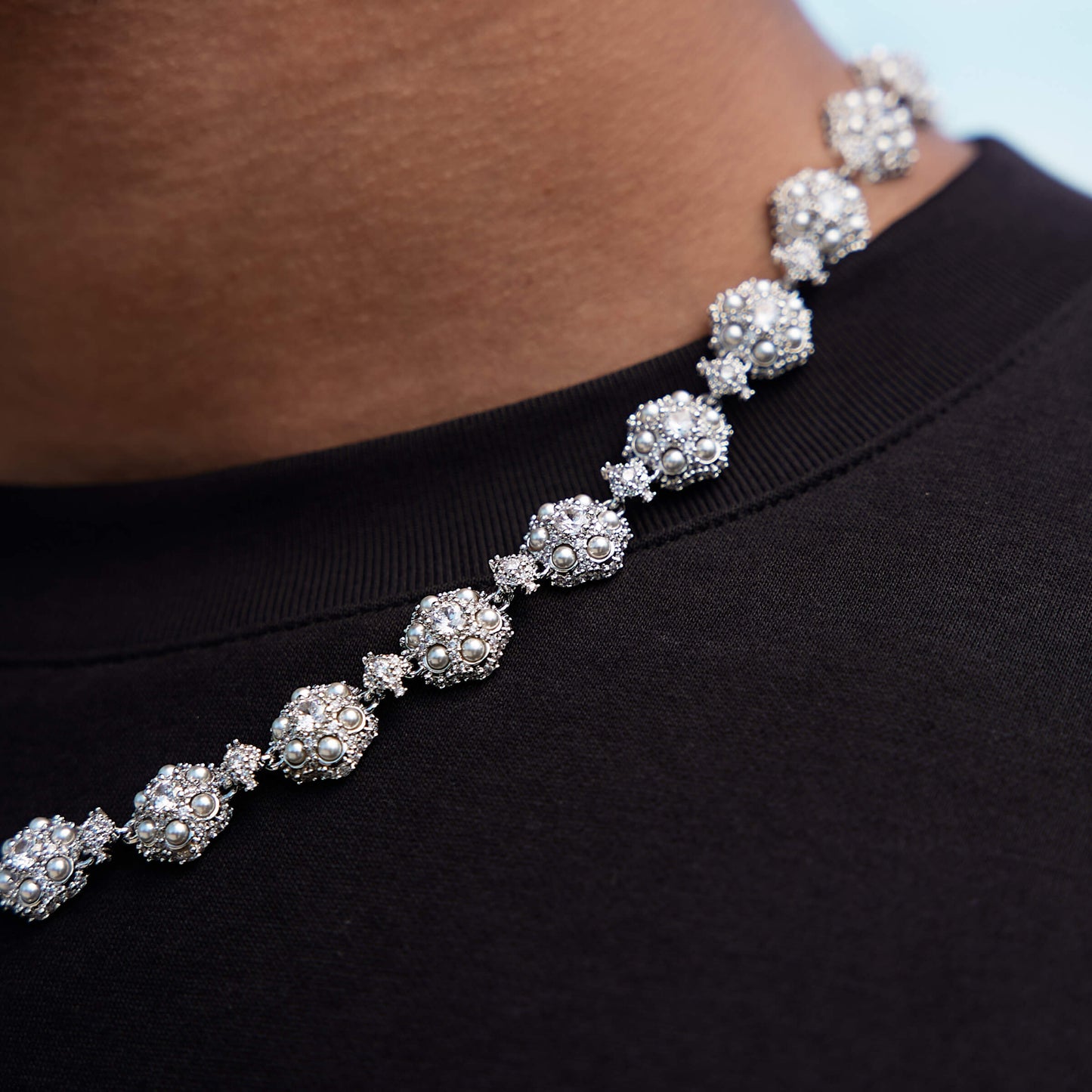 Iced Clustered Pearl Flower Chain in White Gold - 12MM