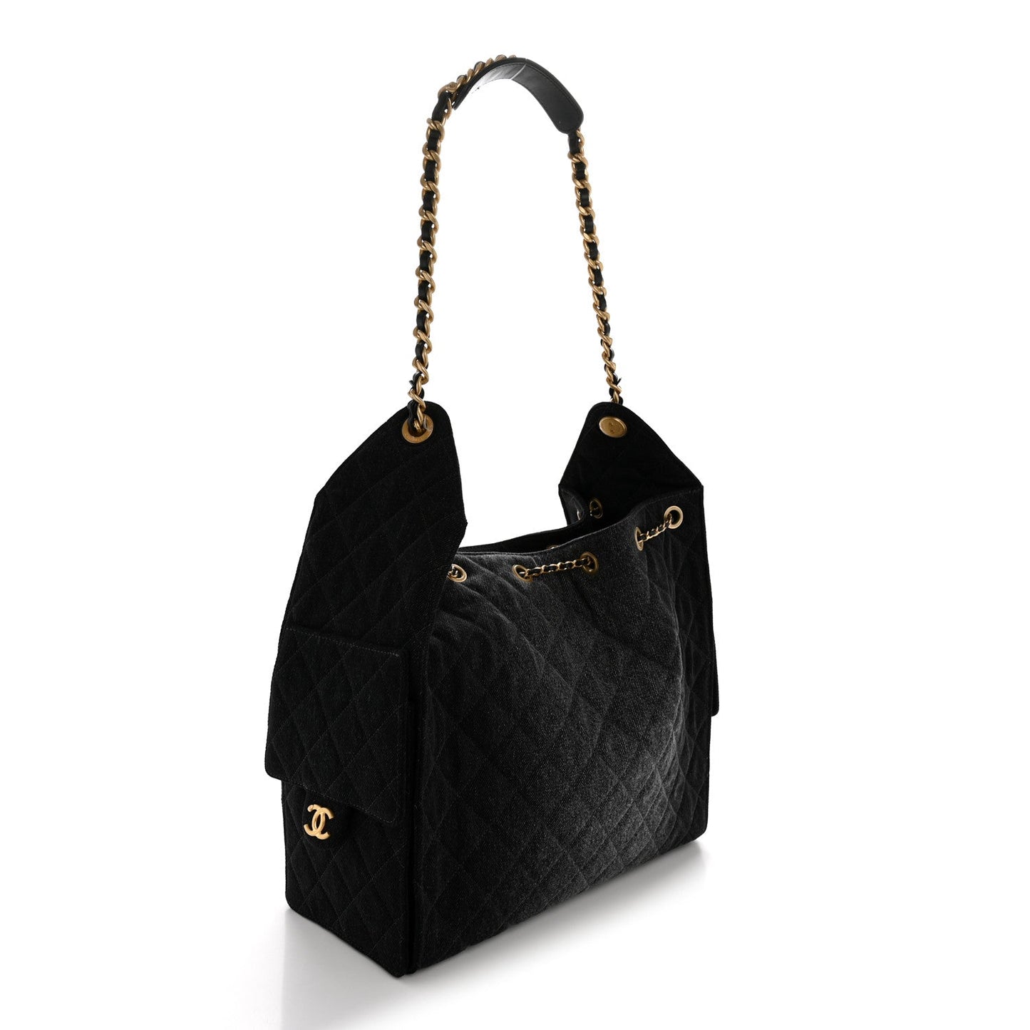 Washed Denim Quilted Medium Chanel 25 Handbag Black