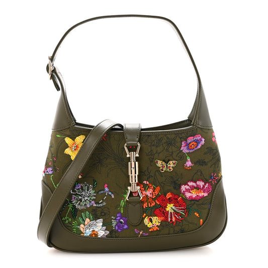 Calfskin Canvas Beaded Floral Medium Jackie 1961 Multicolor