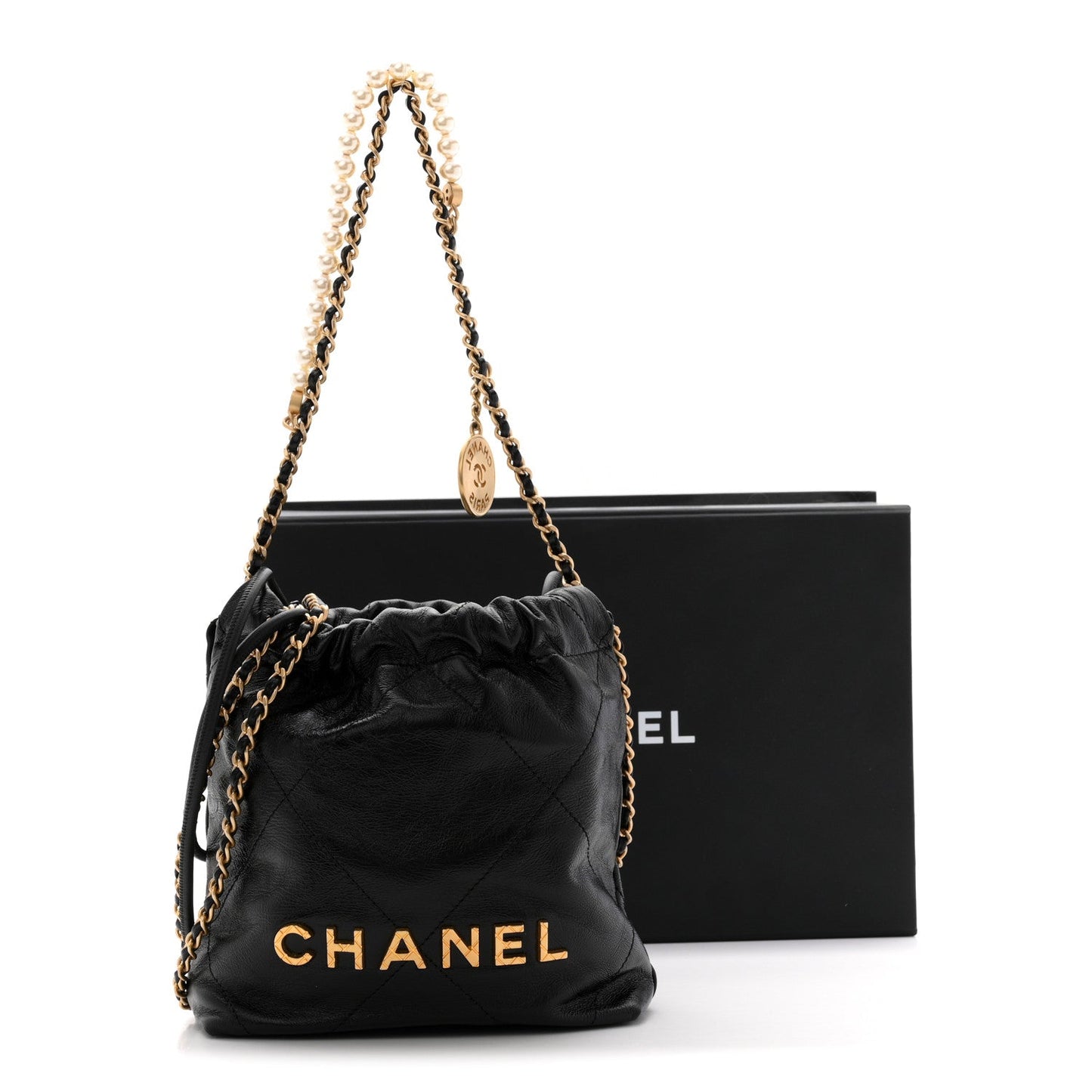 Shiny Crumpled Calfskin Quilted Pearl Mini Chanel 22 Black