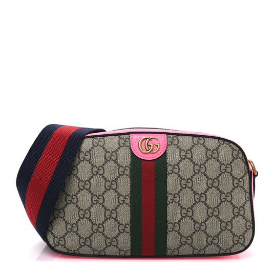 GG Supreme Monogram Textured Dollar Calfskin Web Ophidia Small Crossbody Bag Beige Ebony Fuchsia