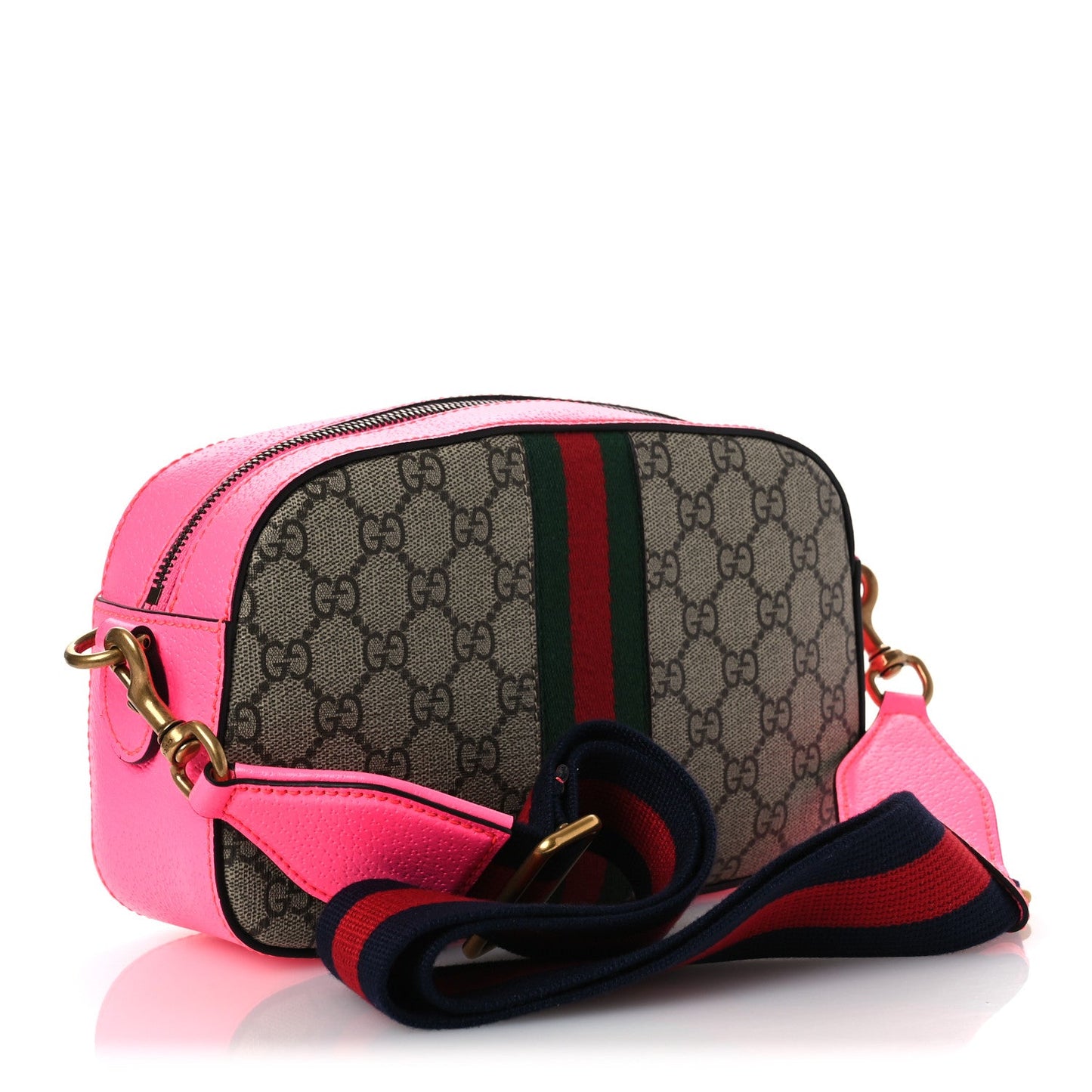 GG Supreme Monogram Textured Dollar Calfskin Web Ophidia Small Crossbody Bag Beige Ebony Fuchsia