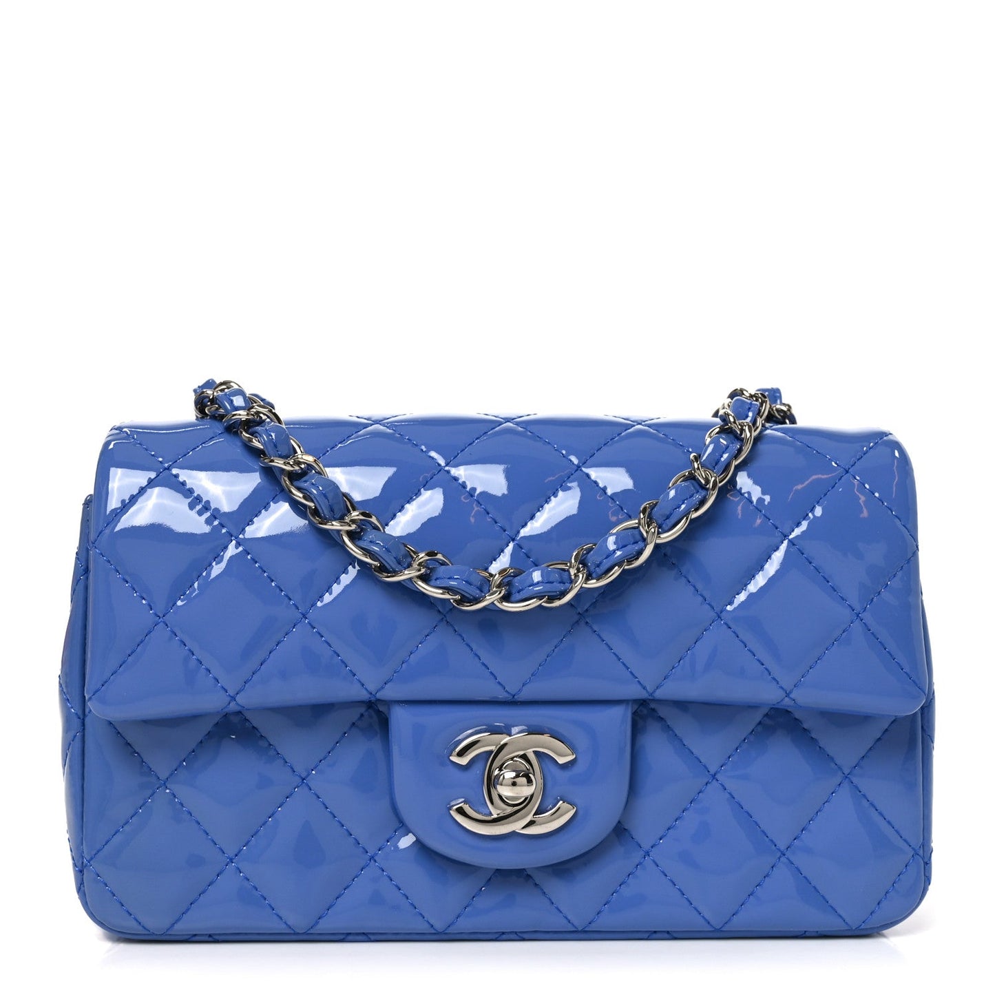 Patent Calfskin Quilted Mini Rectangular Flap Blue