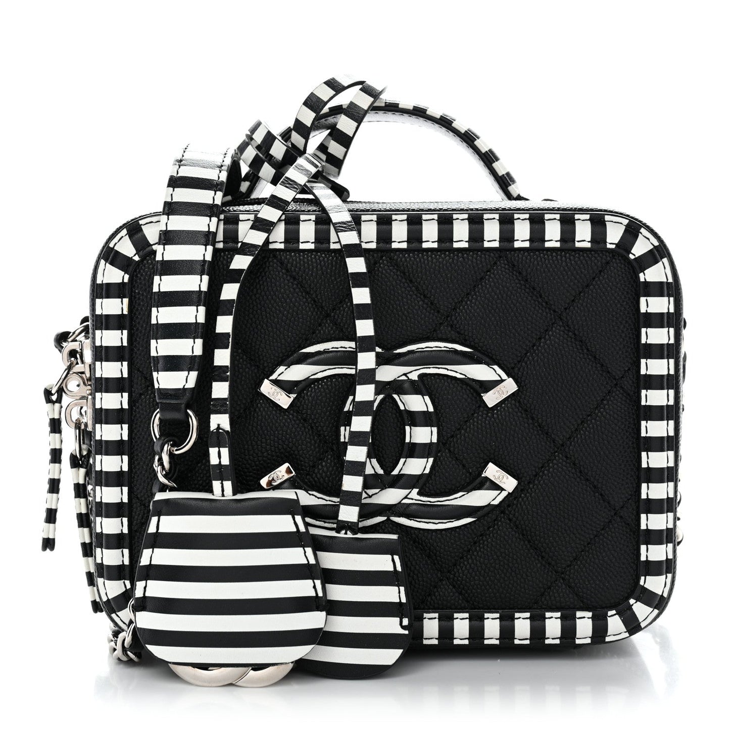 Caviar Quilted Striped Small CC Filigree Vanity Case Black White