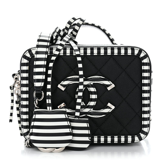 Caviar Quilted Striped Small CC Filigree Vanity Case Black White