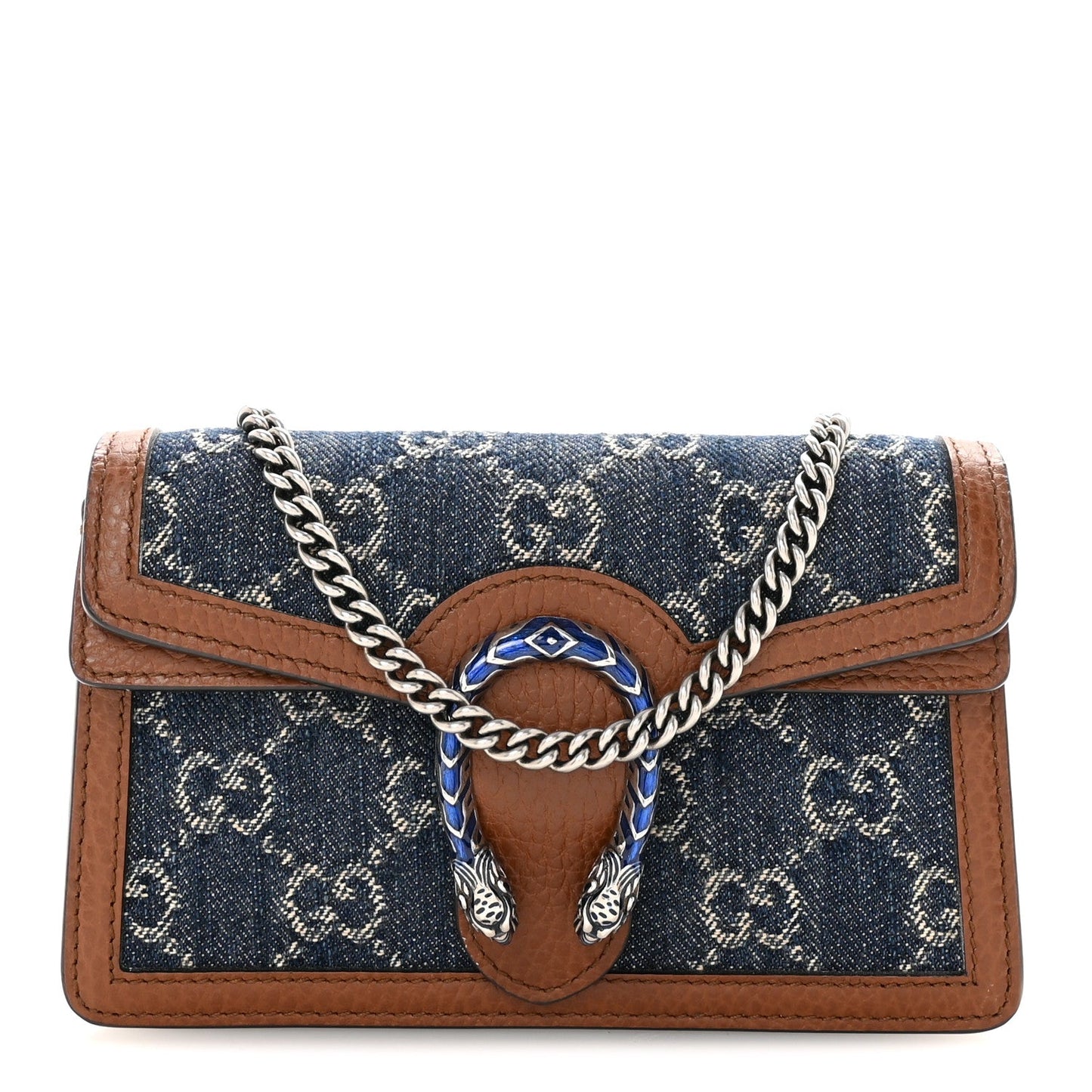New Denim GG Monogram Dollar Calfskin Enamel Super Mini Dionysus Shoulder Bag Blue Tea Cuir Epilog Electric Blue