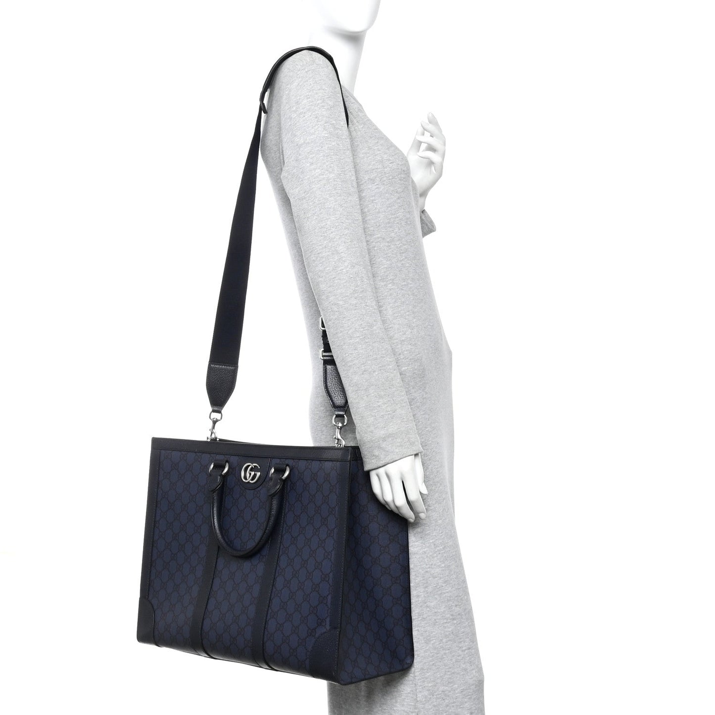 GG Supreme Monogram Textured Dollar Calfskin Large Ophidia Tote Bag Black Blue