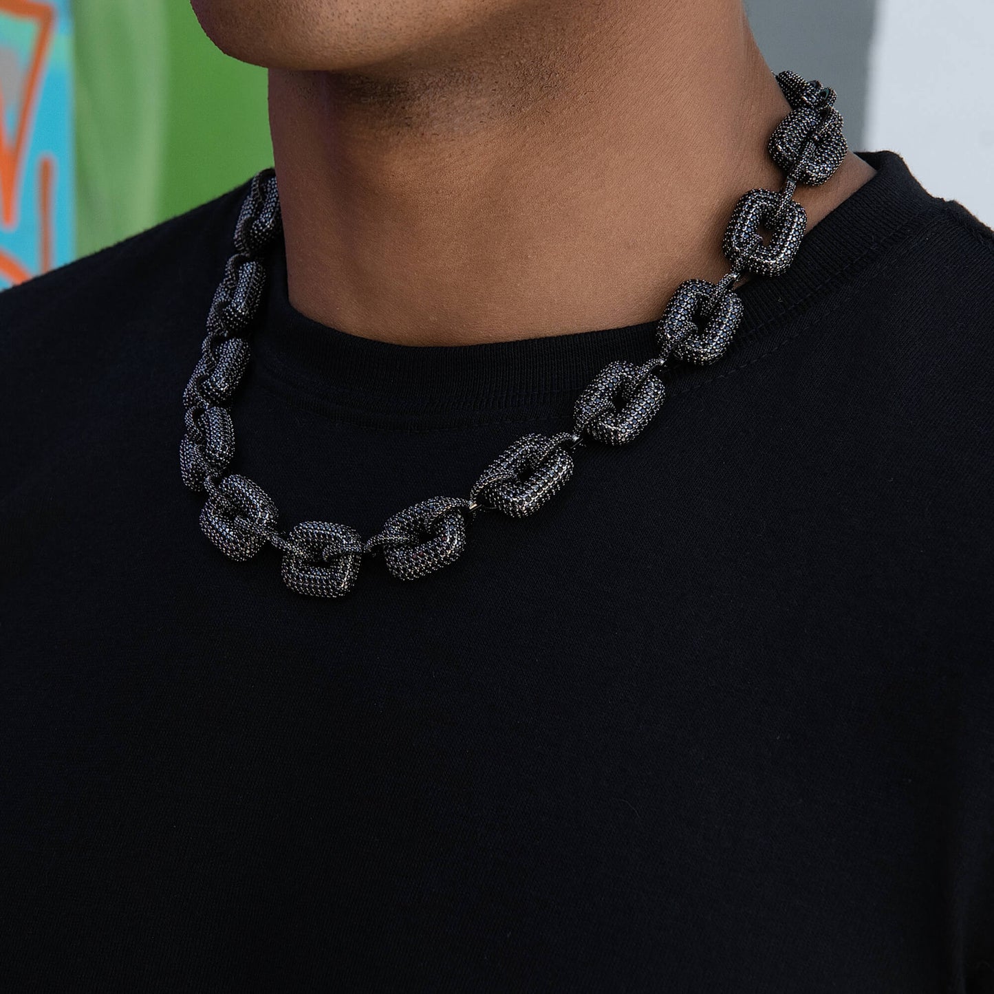 Iced Square Link Chain in Black - 17MM