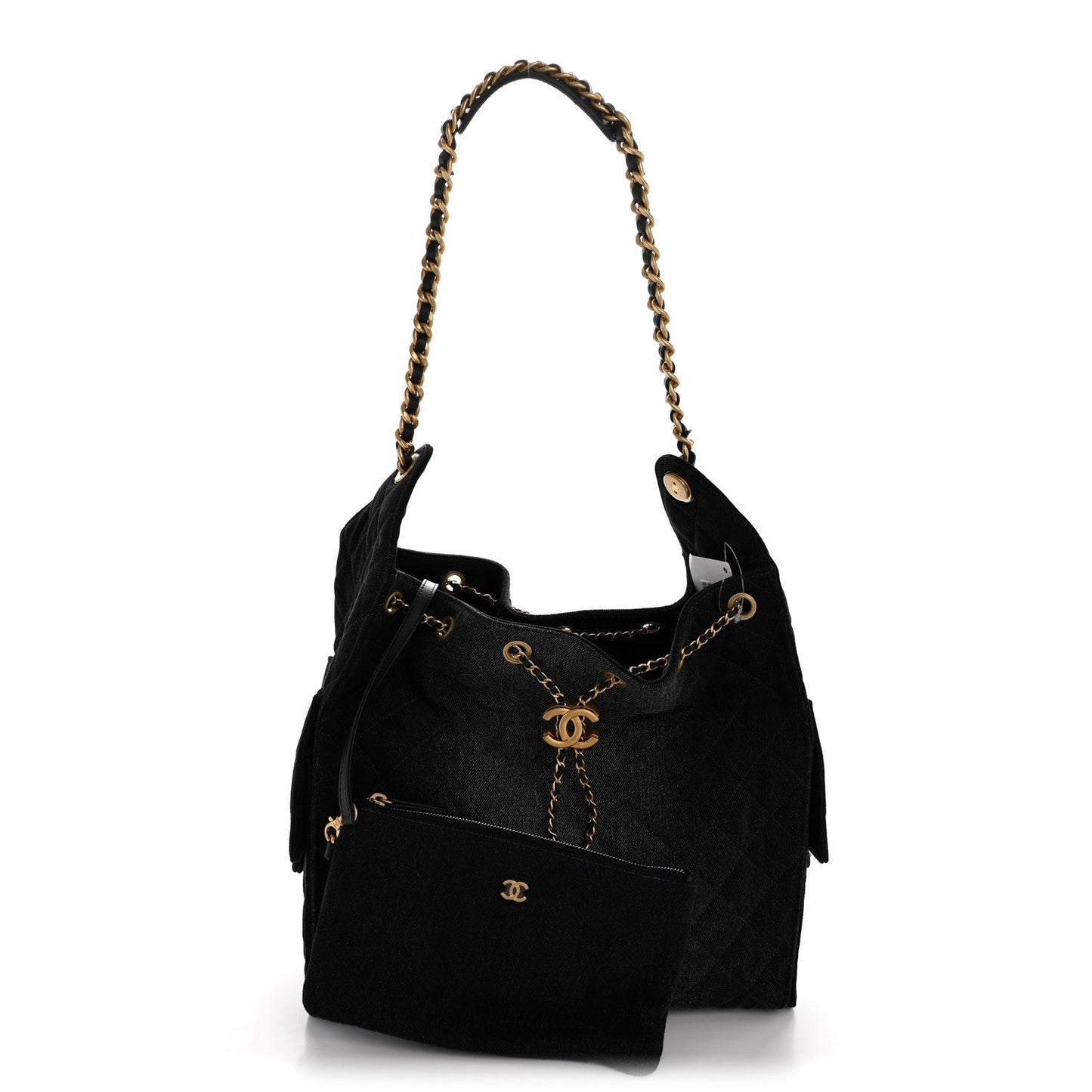 Washed Denim Quilted Medium Chanel 25 Handbag Black
