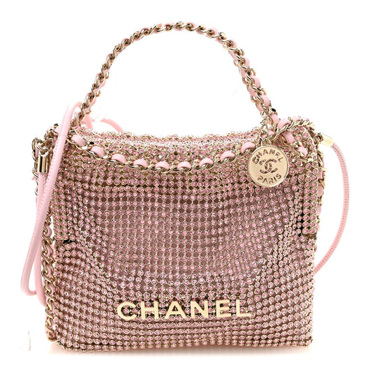 Crystal Embellished Metallic Lambskin Mini Chanel 22 Light Pink
