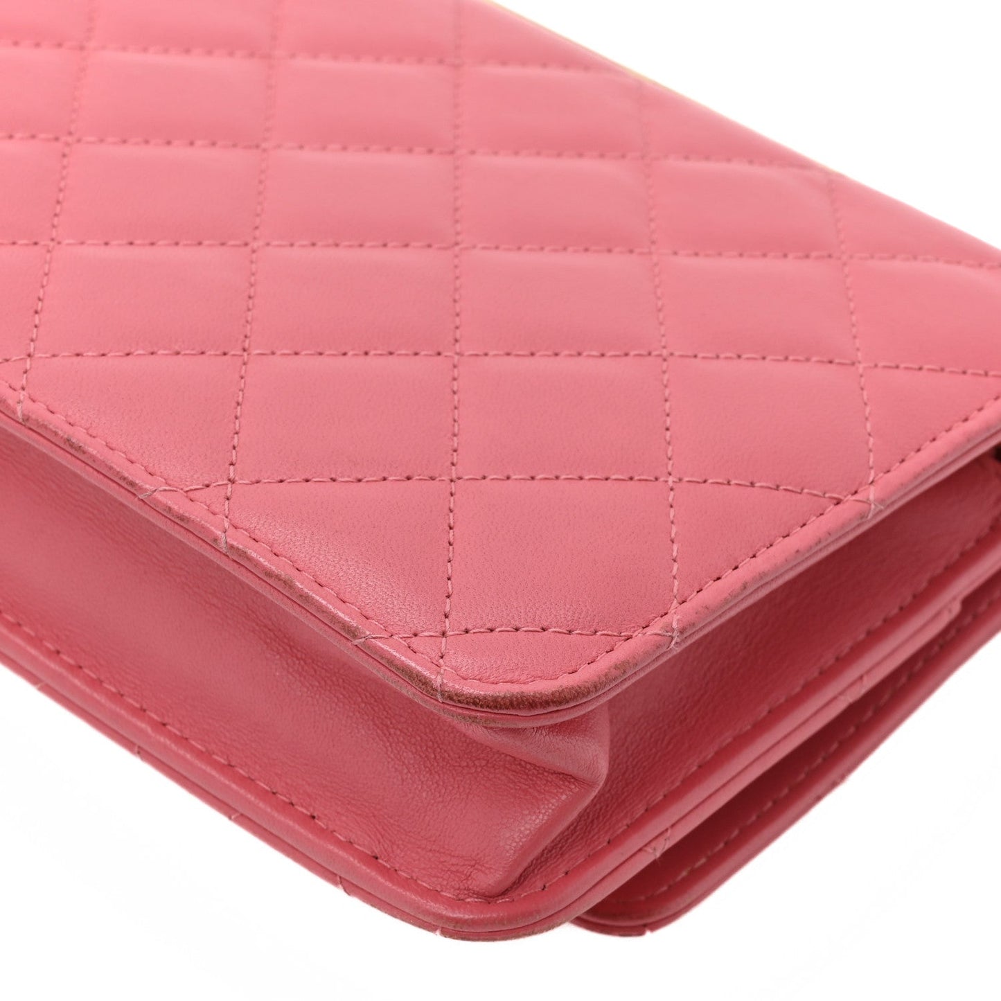 Lambskin Quilted Trendy CC Wallet On Chain WOC Bright Pink