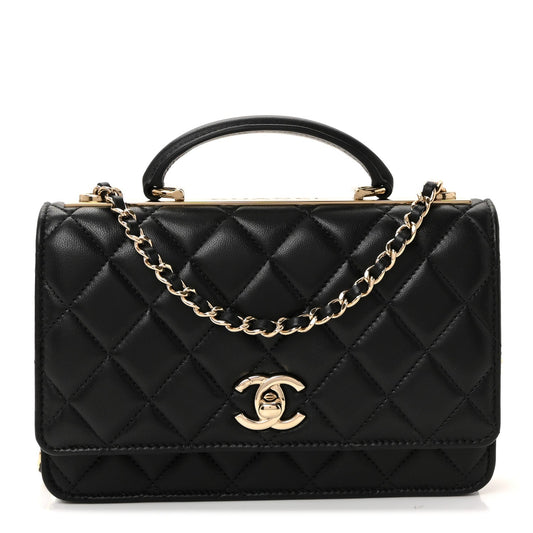 Lambskin Quilted Top Handle Trendy CC Wallet On Chain WOC Black