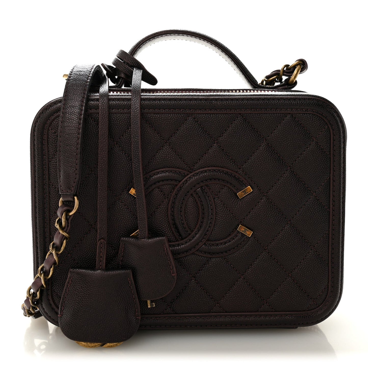 Iridescent Caviar Quilted Medium CC Filigree Vanity Case Burgundy