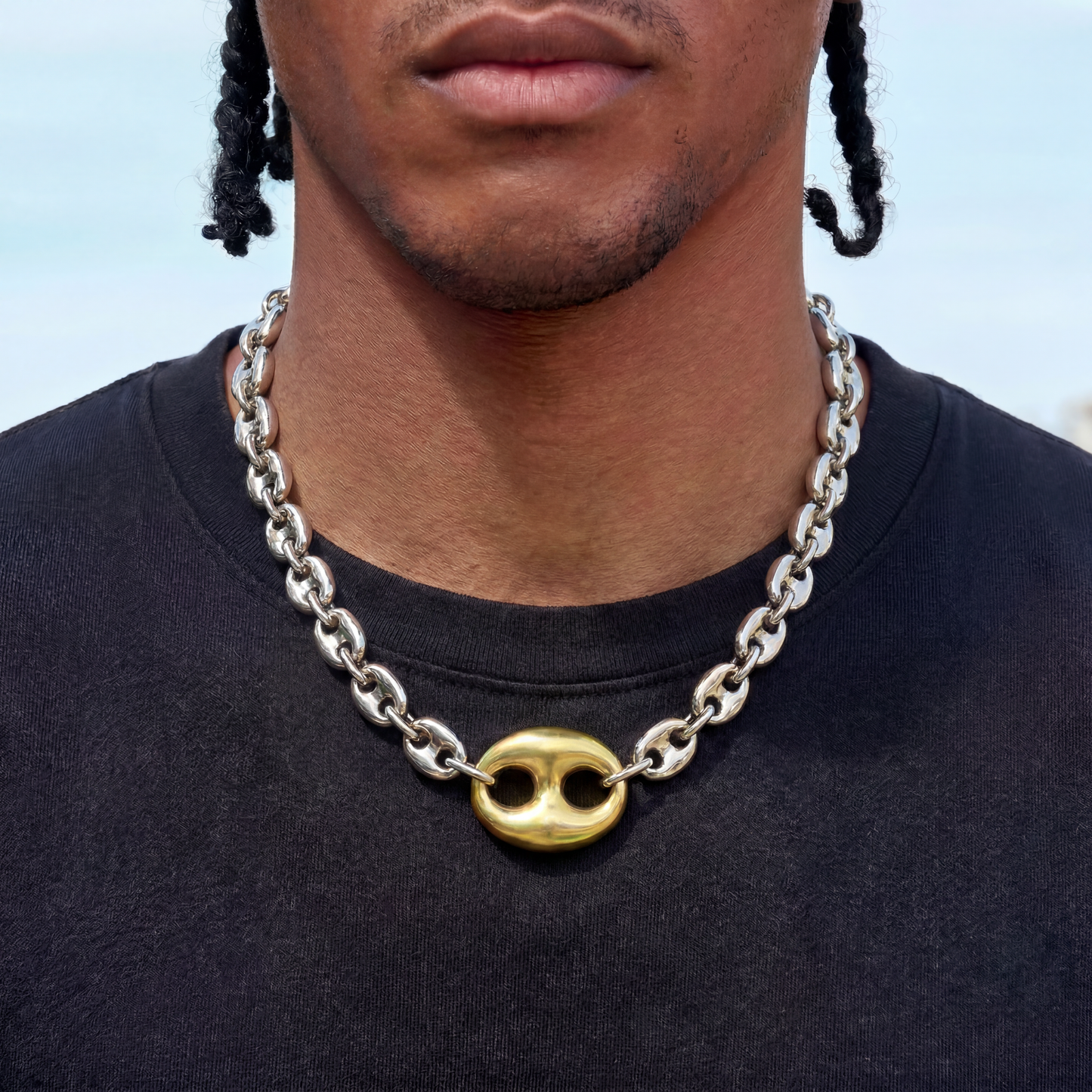 Two Tone Large Link Puffed Mariner Chain Necklace in White & Yellow Gold - 15mm