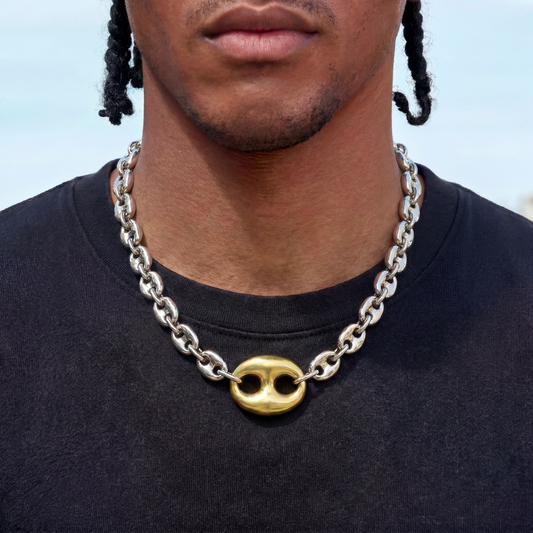 Two Tone Large Link Puffed Mariner Chain Necklace in White & Yellow Gold - 15mm