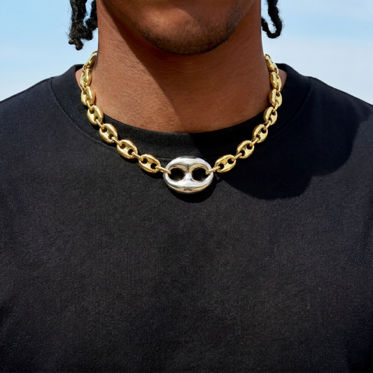 Two Tone Large Link Puffed Mariner Chain in Yellow & White Gold - 15mm