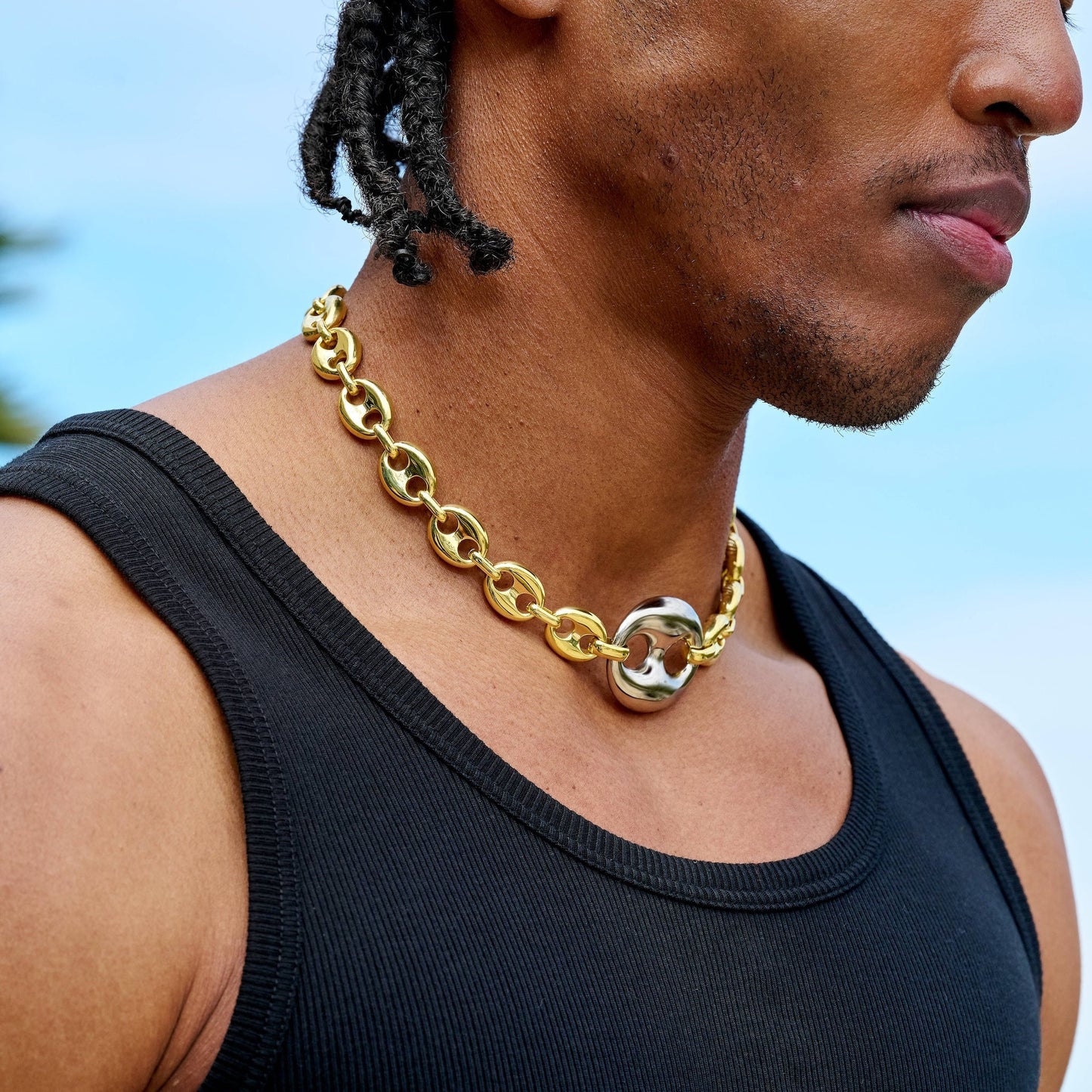 Two Tone Large Link Puffed Mariner Chain in Yellow & White Gold - 15mm