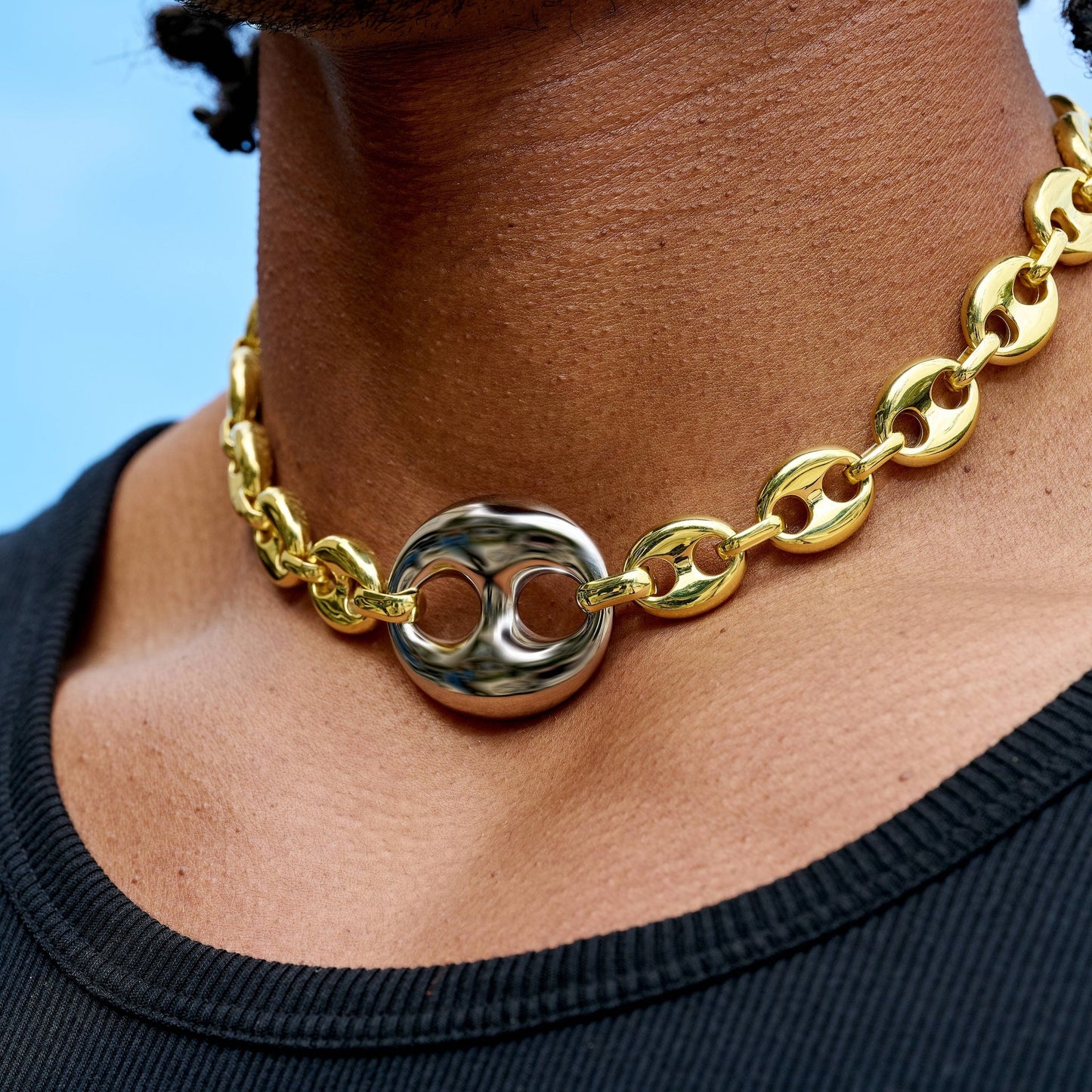 Two Tone Large Link Puffed Mariner Chain in Yellow & White Gold - 15mm
