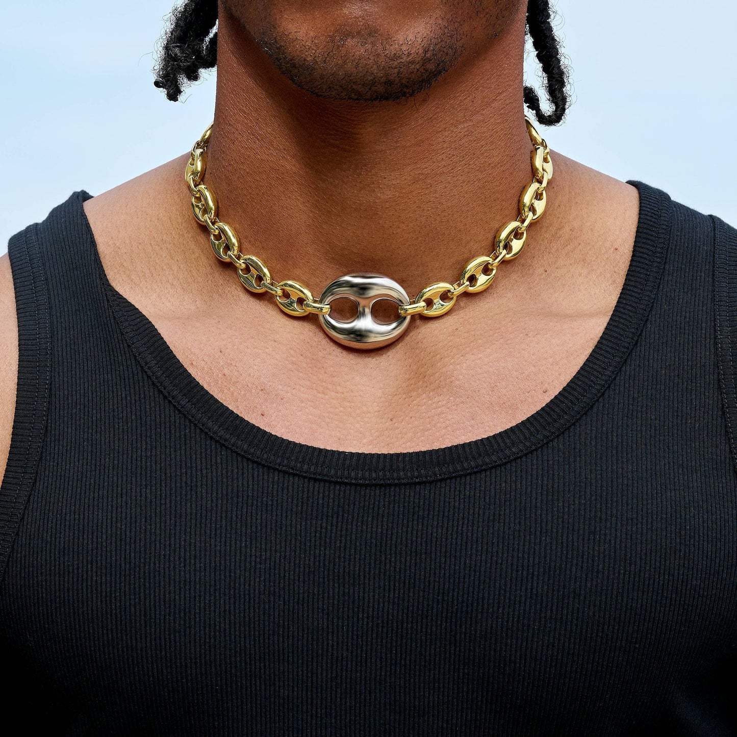 Two Tone Large Link Puffed Mariner Chain in Yellow & White Gold - 15mm