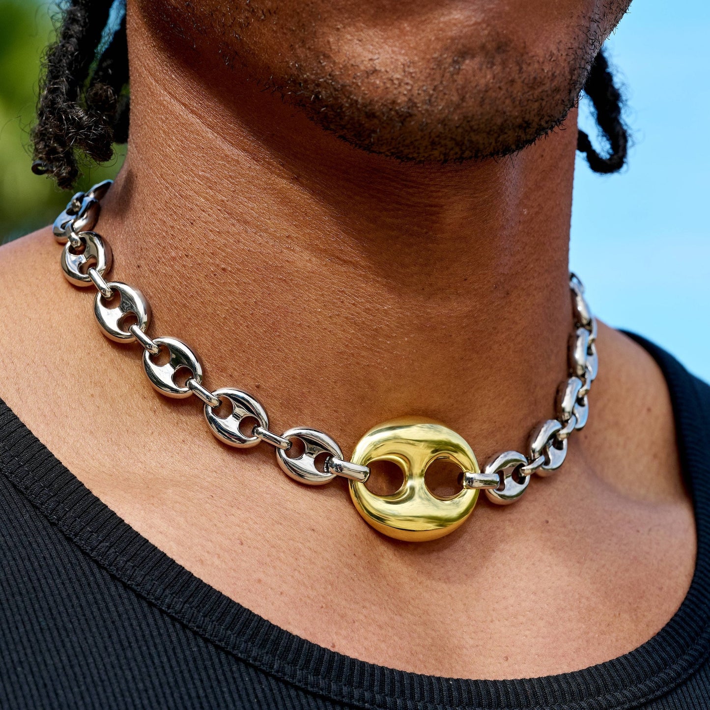 Two Tone Large Link Puffed Mariner Chain Necklace in White & Yellow Gold - 15mm