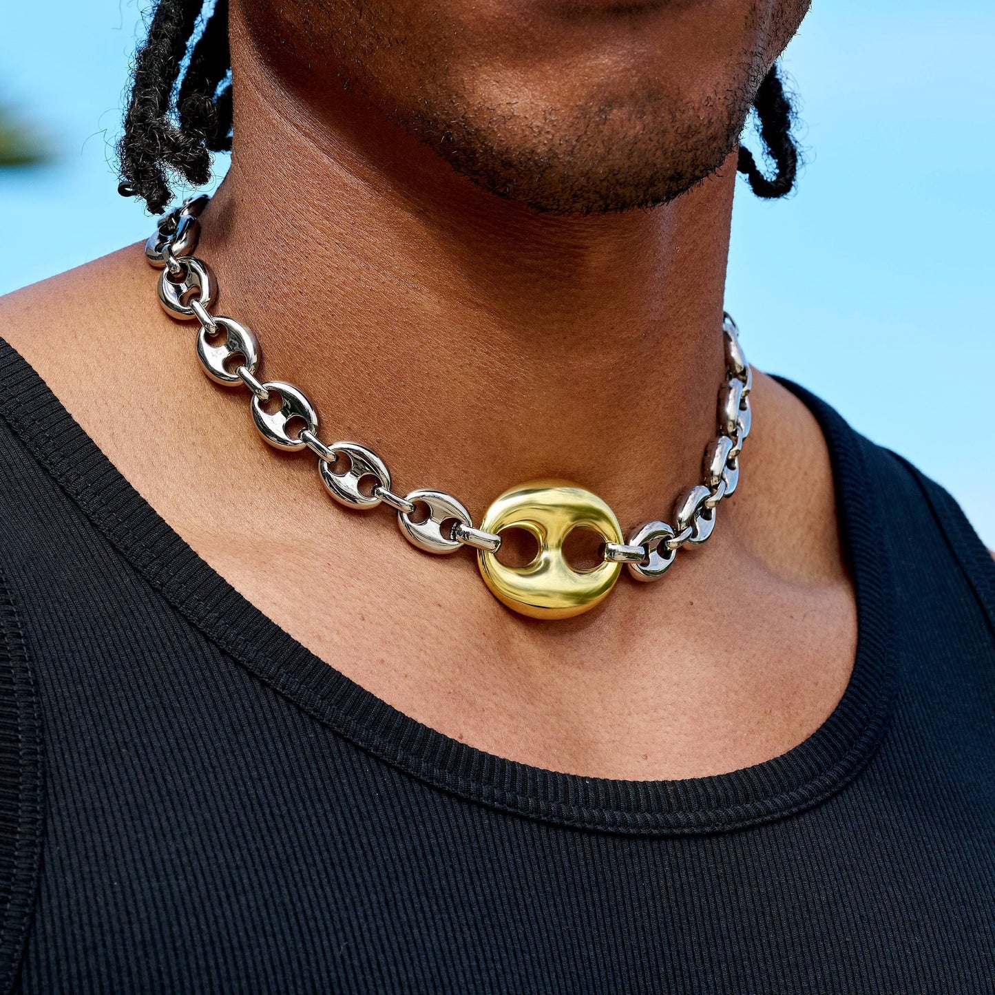 Two Tone Large Link Puffed Mariner Chain Necklace in White & Yellow Gold - 15mm