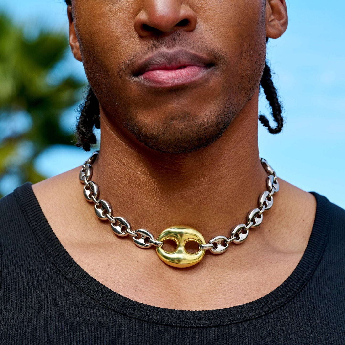 Two Tone Large Link Puffed Mariner Chain Necklace in White & Yellow Gold - 15mm