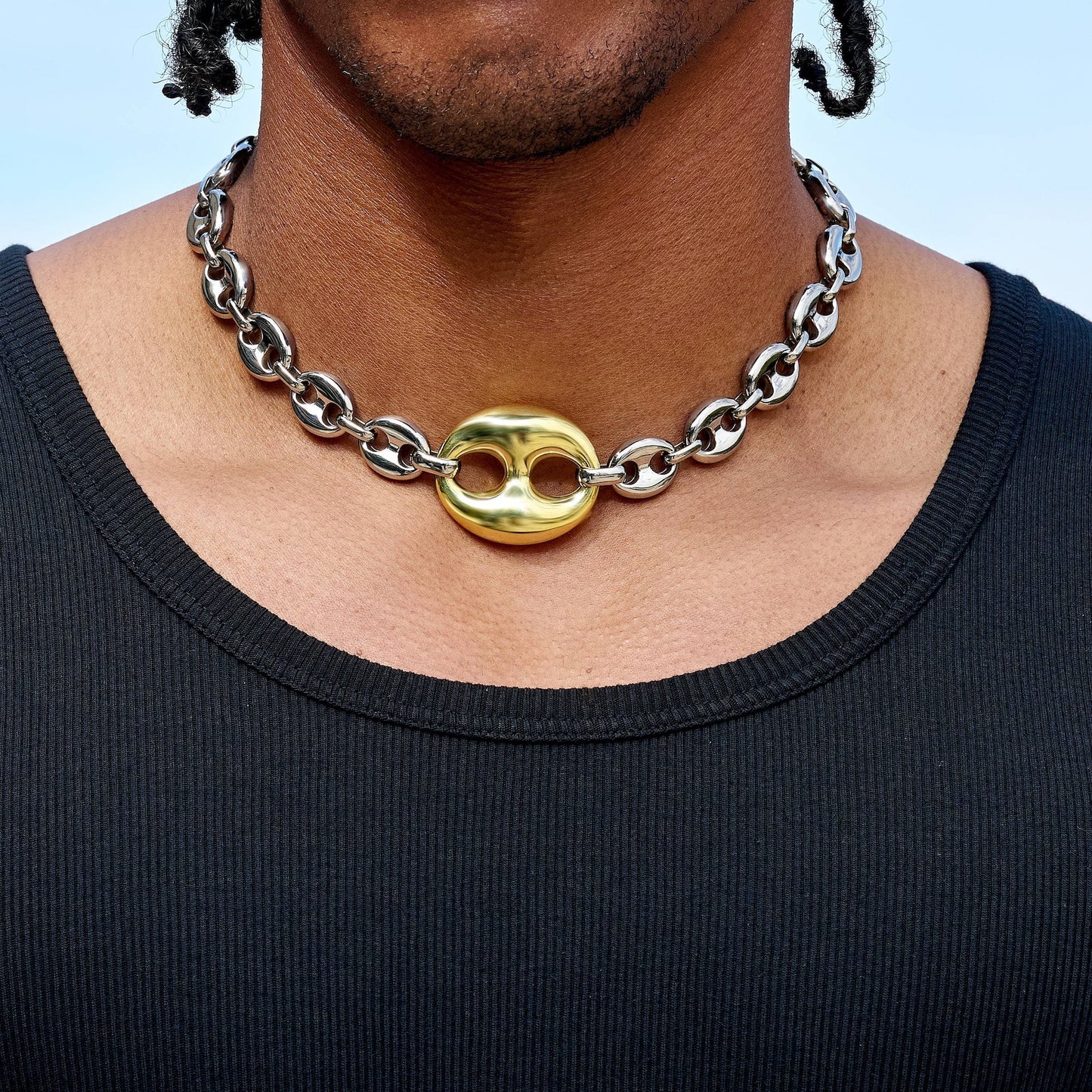 Two Tone Large Link Puffed Mariner Chain Necklace in White & Yellow Gold - 15mm
