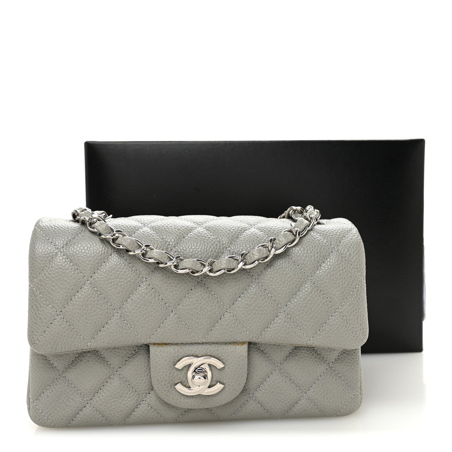 Caviar Quilted Mini Rectangular Flap Light Grey