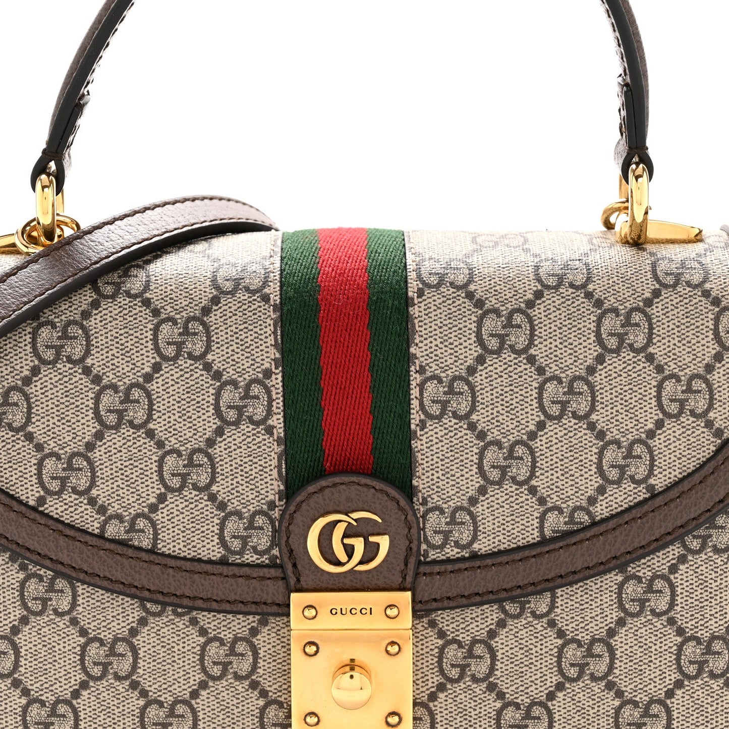 GG Supreme Monogram Textured Dollar Calfskin Web Small Ophidia Padlock Top Handle Bag Beige Ebony New Acero