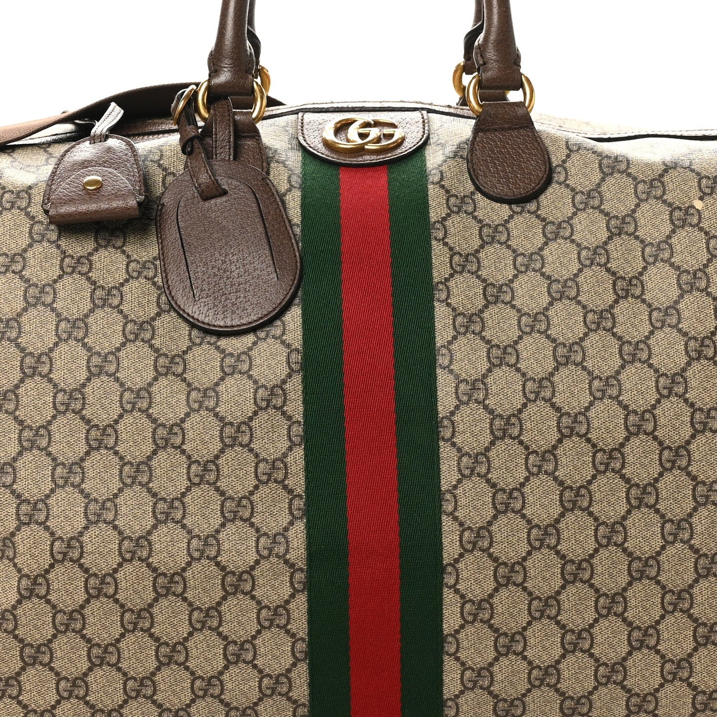 GG Supreme Monogram Textured Dollar Calfskin Web Medium Ophidia Carry-On Duffle Bag Beige Ebony New Acero