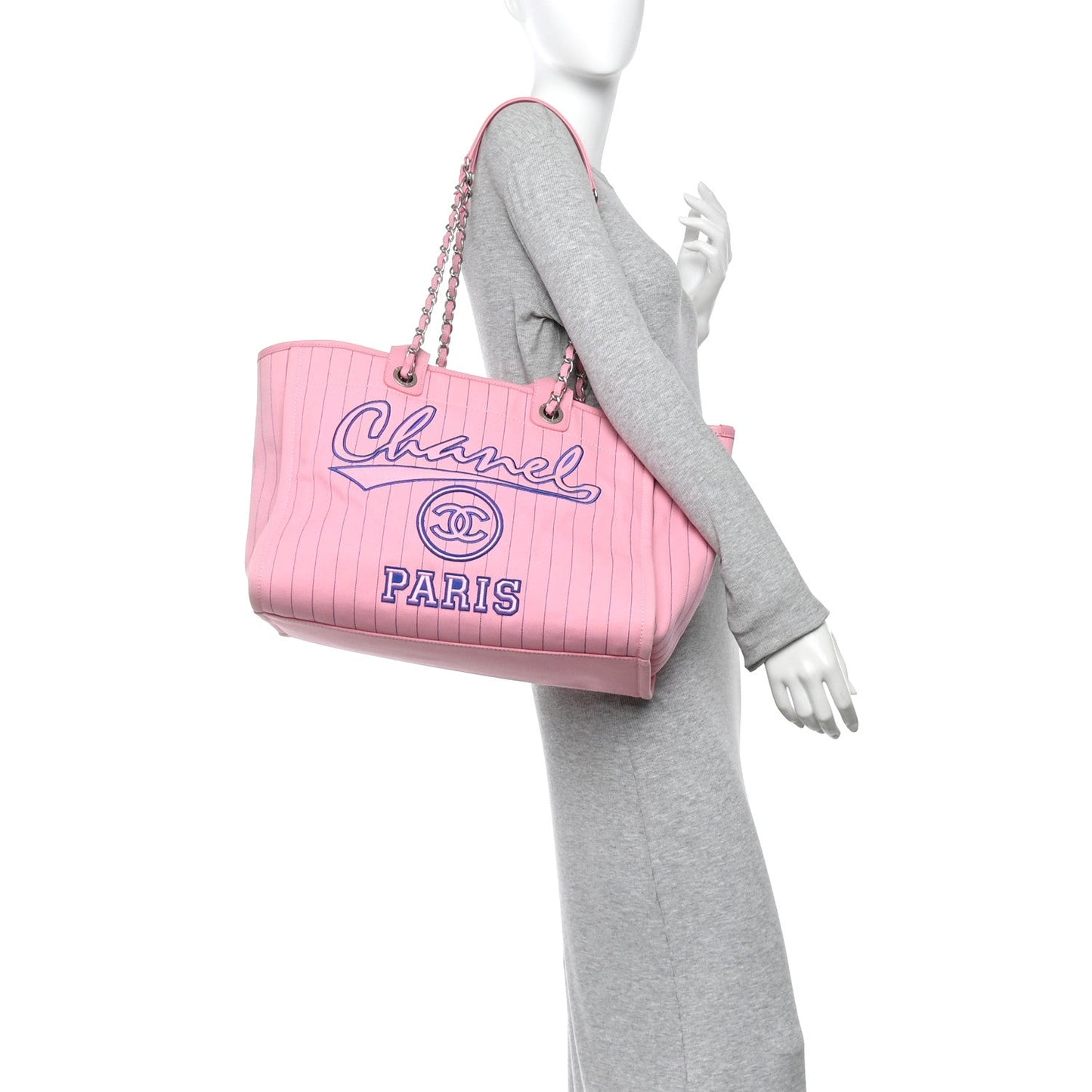 Canvas Calfskin Striped Large Deauville Tote Pink Blue
