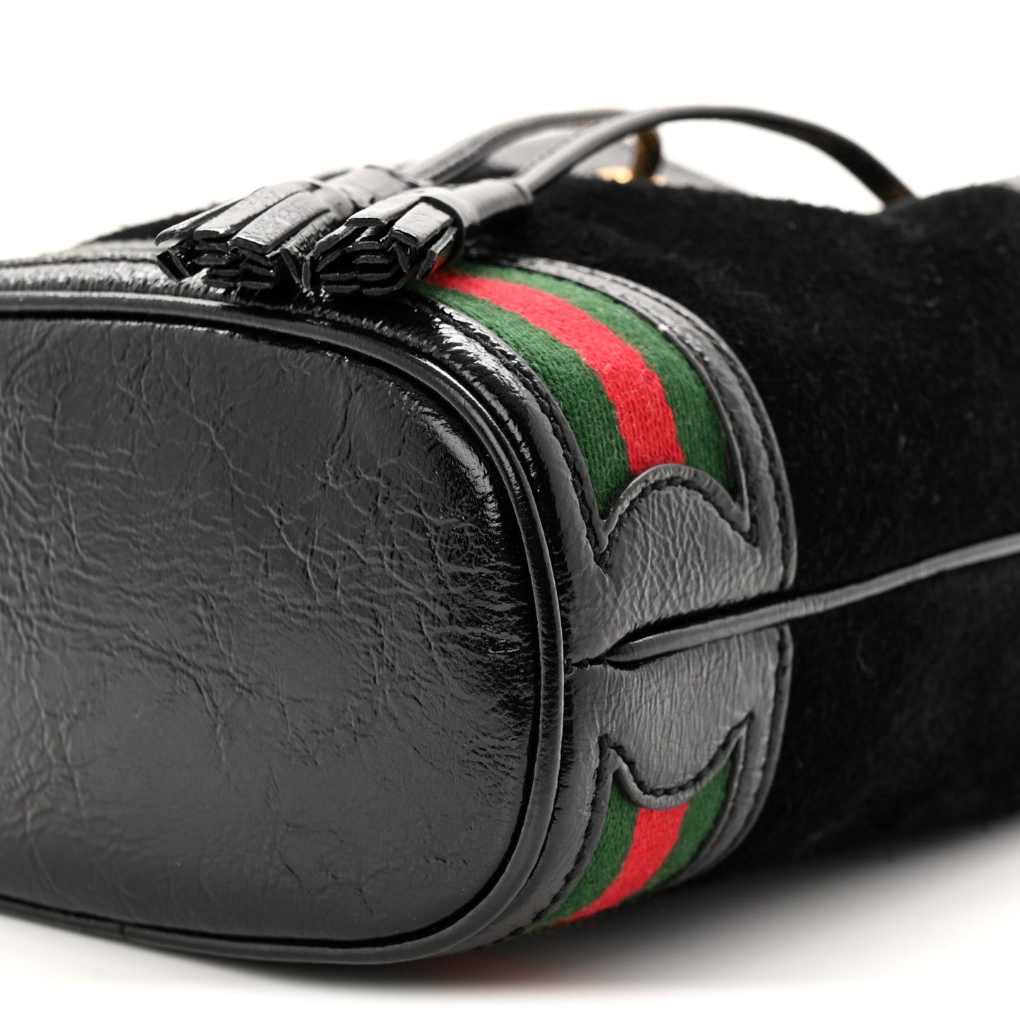 Suede Patent Web Mini Ophidia Bucket Bag Black