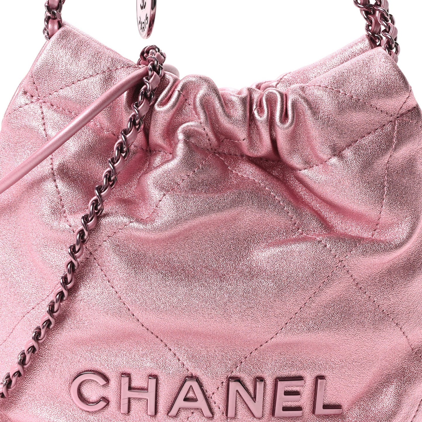 Metallic Lambskin Lacquered Monochrome Quilted Mini Chanel 22 Pink