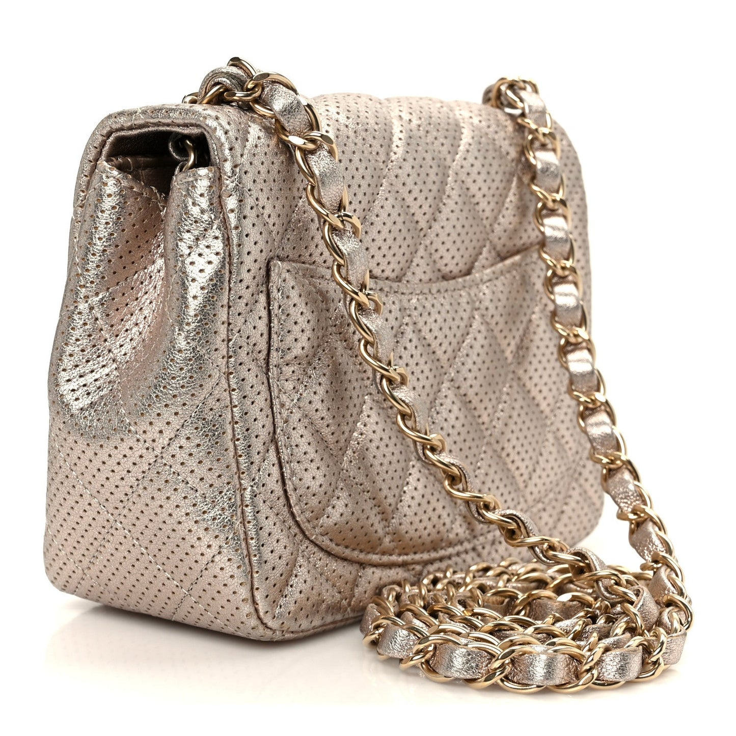 Metallic Lambskin Perforated Mini Square Flap Light Pink