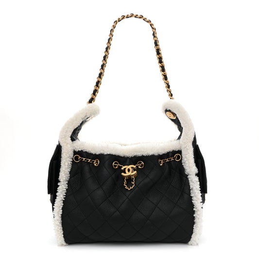 Crumpled Sheepskin Shearling Quilted Small Chanel 25 Handbag Black White