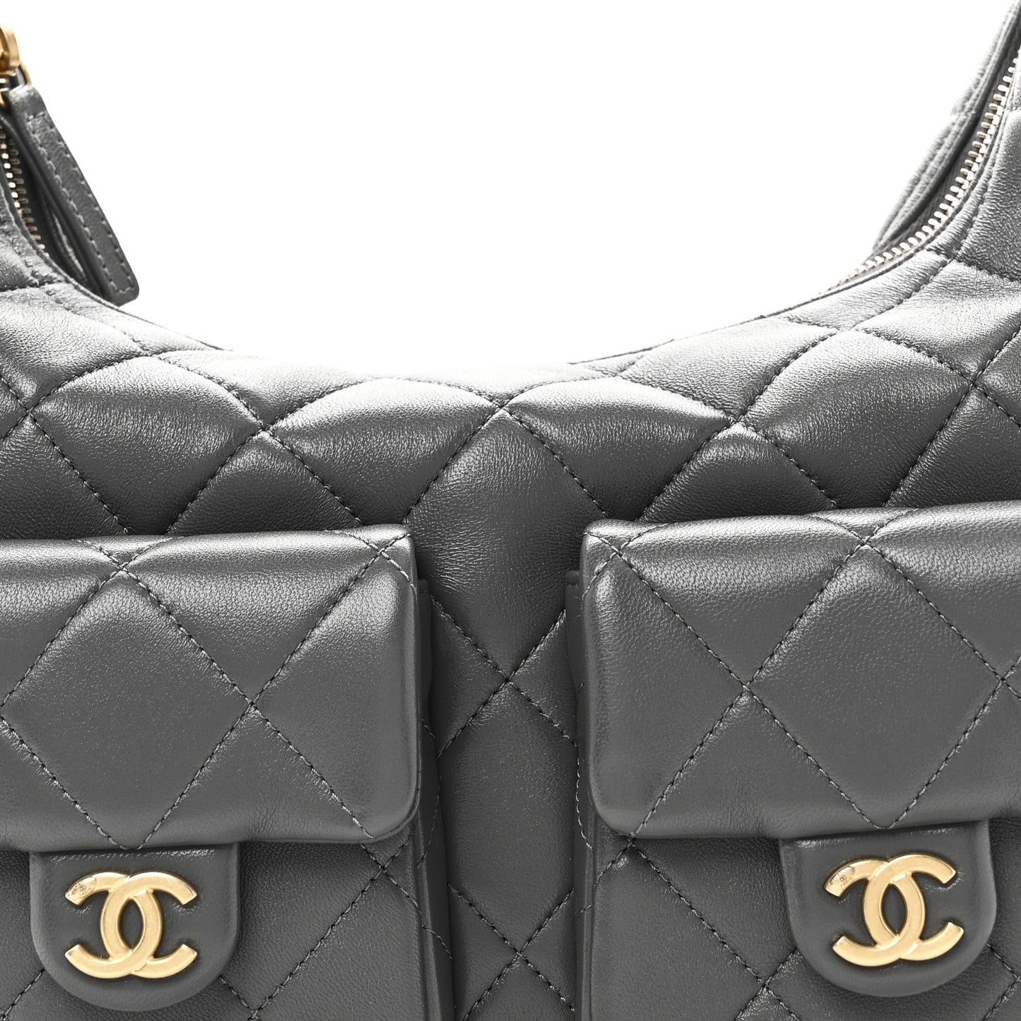Shiny Lambskin Quilted Large Trendy Pockets Hobo Grey