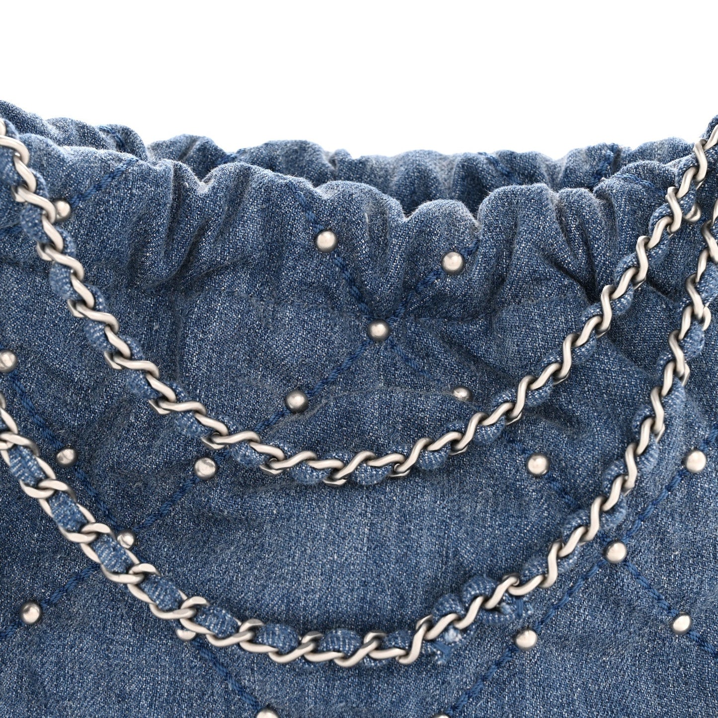 Washed Denim Quilted Studded Mini Chanel 22 Blue