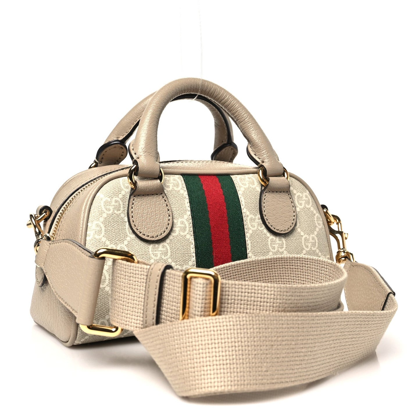 GG Supreme Monogram Textured Dollar Calfskin Web Mini Ophidia Top Handle Bowler Bag Beige Mystic White Oatmeal