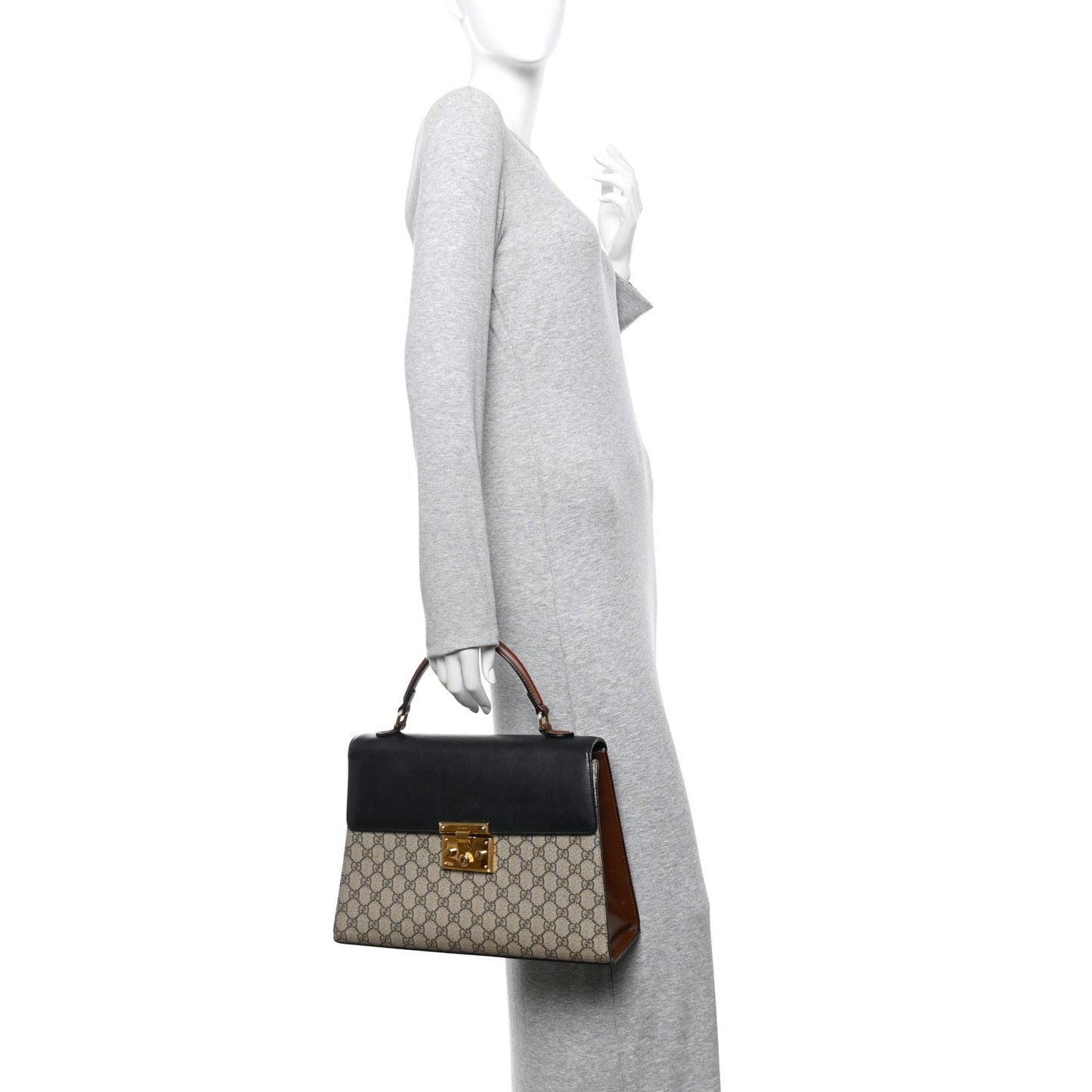 GG Supreme Monogram Calfskin Medium Padlock Top Handle Bag Beige Black Cuir