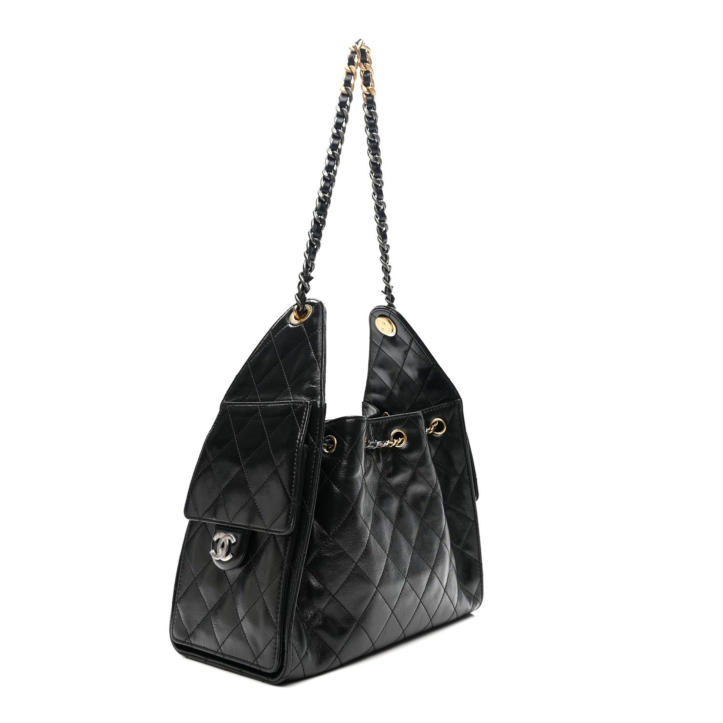 Shiny Crumpled Calfskin Quilted Small Chanel 25 Handbag Black