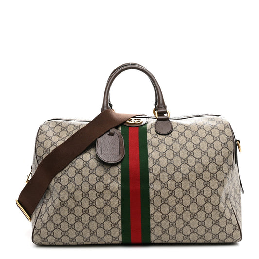 GG Supreme Monogram Textured Dollar Calfskin Web Medium Ophidia Carry-On Duffle Bag Beige Ebony New Acero