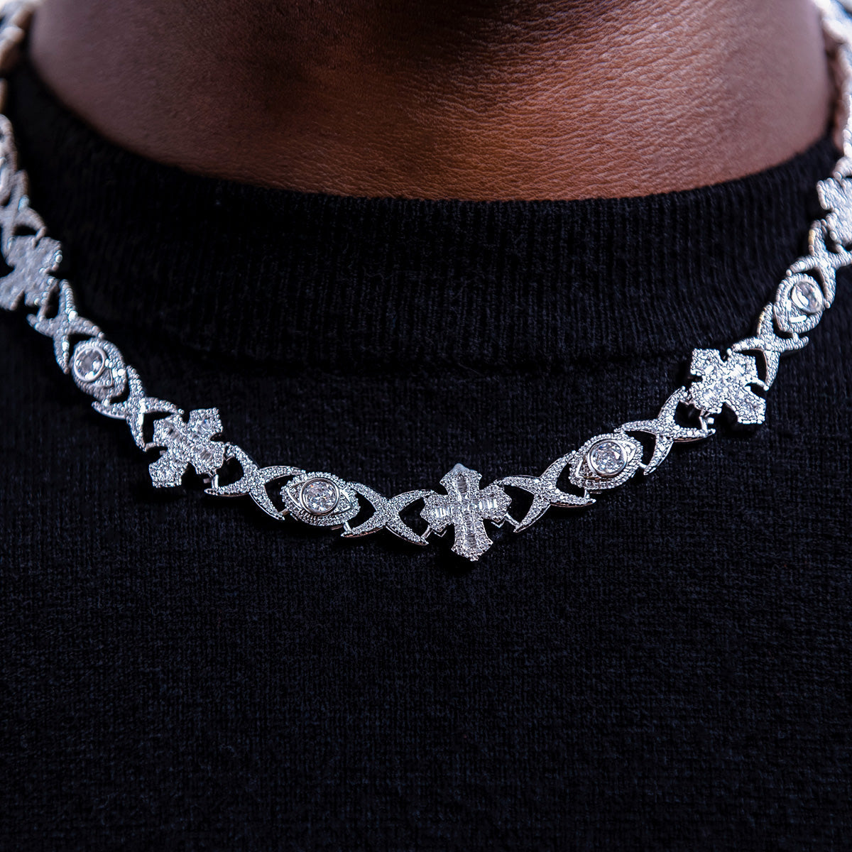 Baguette Cross Evil Eye Chain in White Gold - 16mm