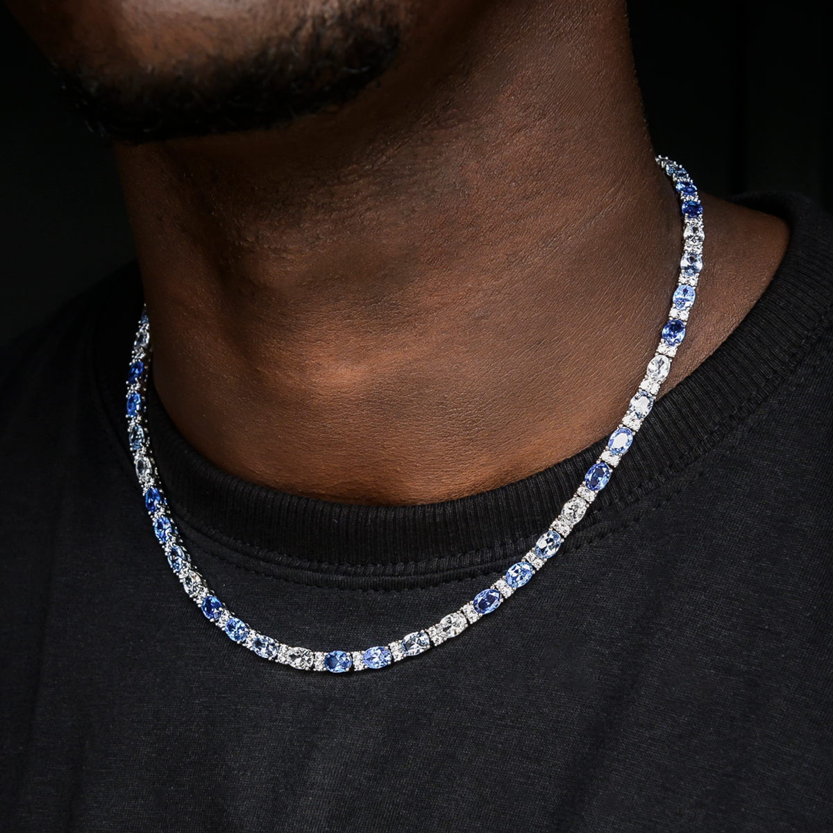 Blue Mixed Oval Cut Tennis Chain in White Gold - 5mm