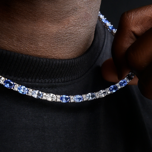 Blue Mixed Oval Cut Tennis Chain in White Gold - 5mm