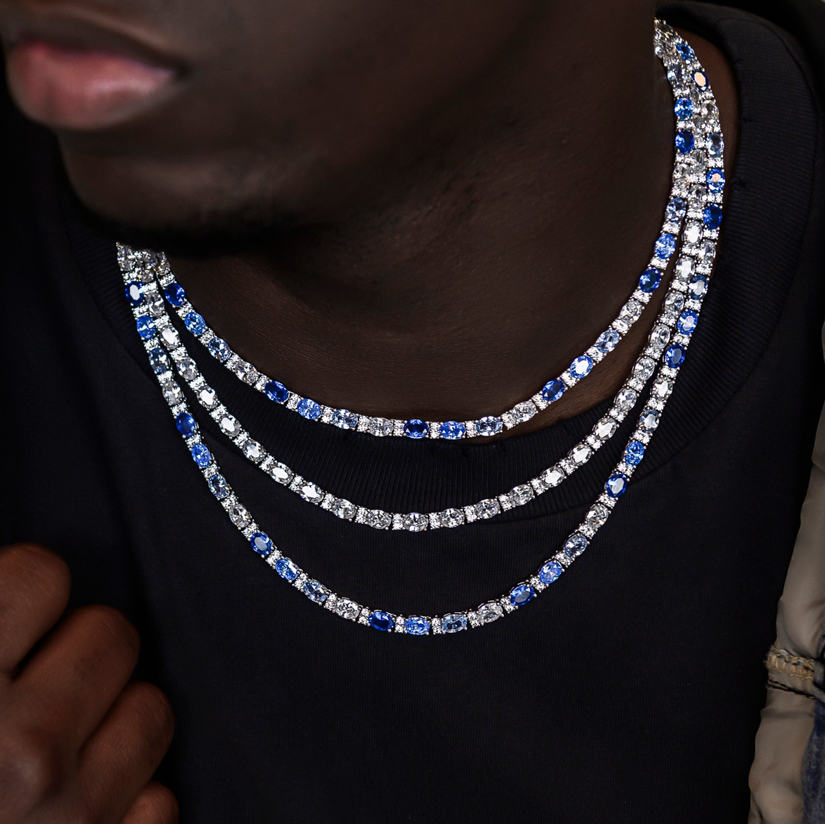 Blue Mixed Oval Cut Tennis Chain in White Gold - 5mm