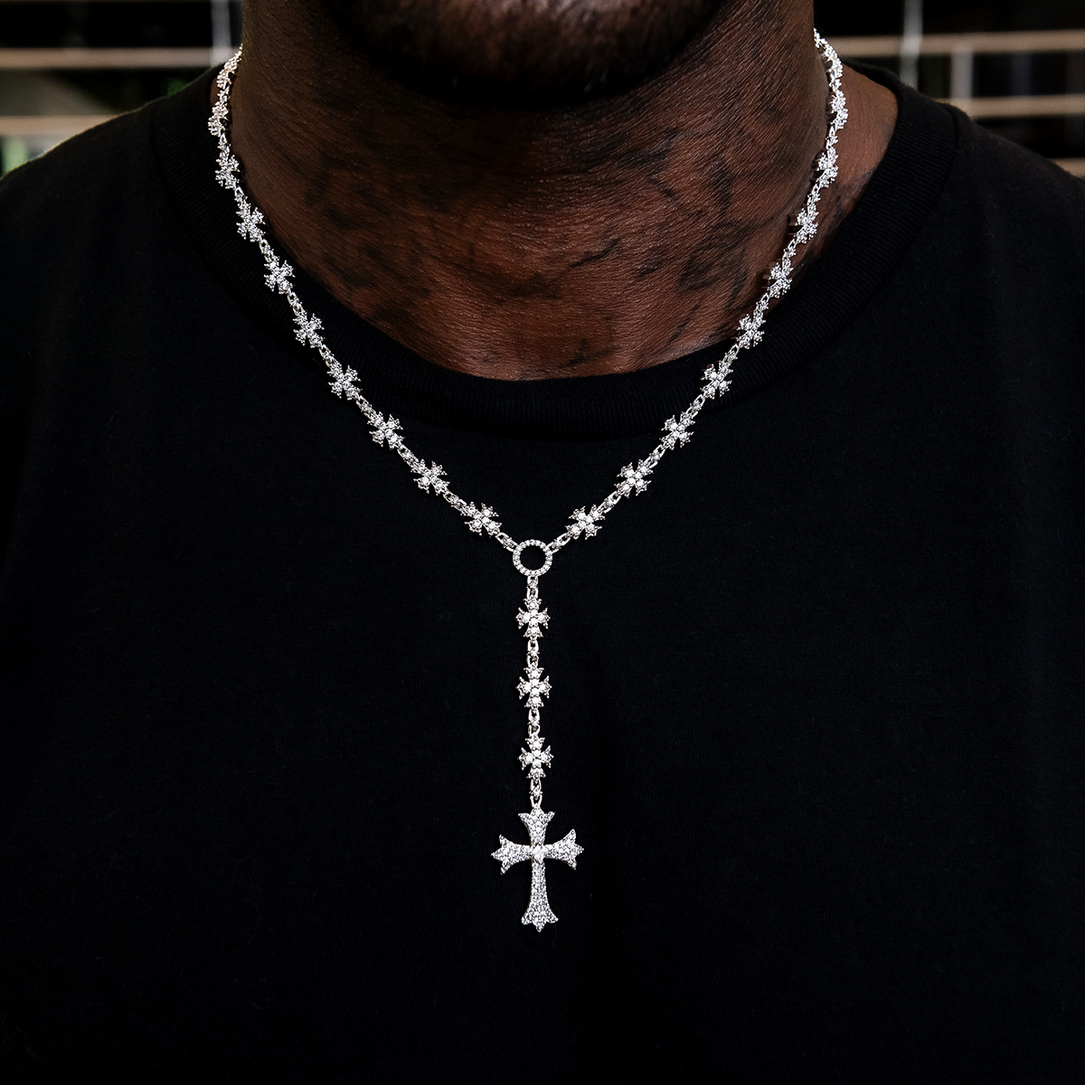 Flared Cross Rosary Chain in White Gold - 8mm