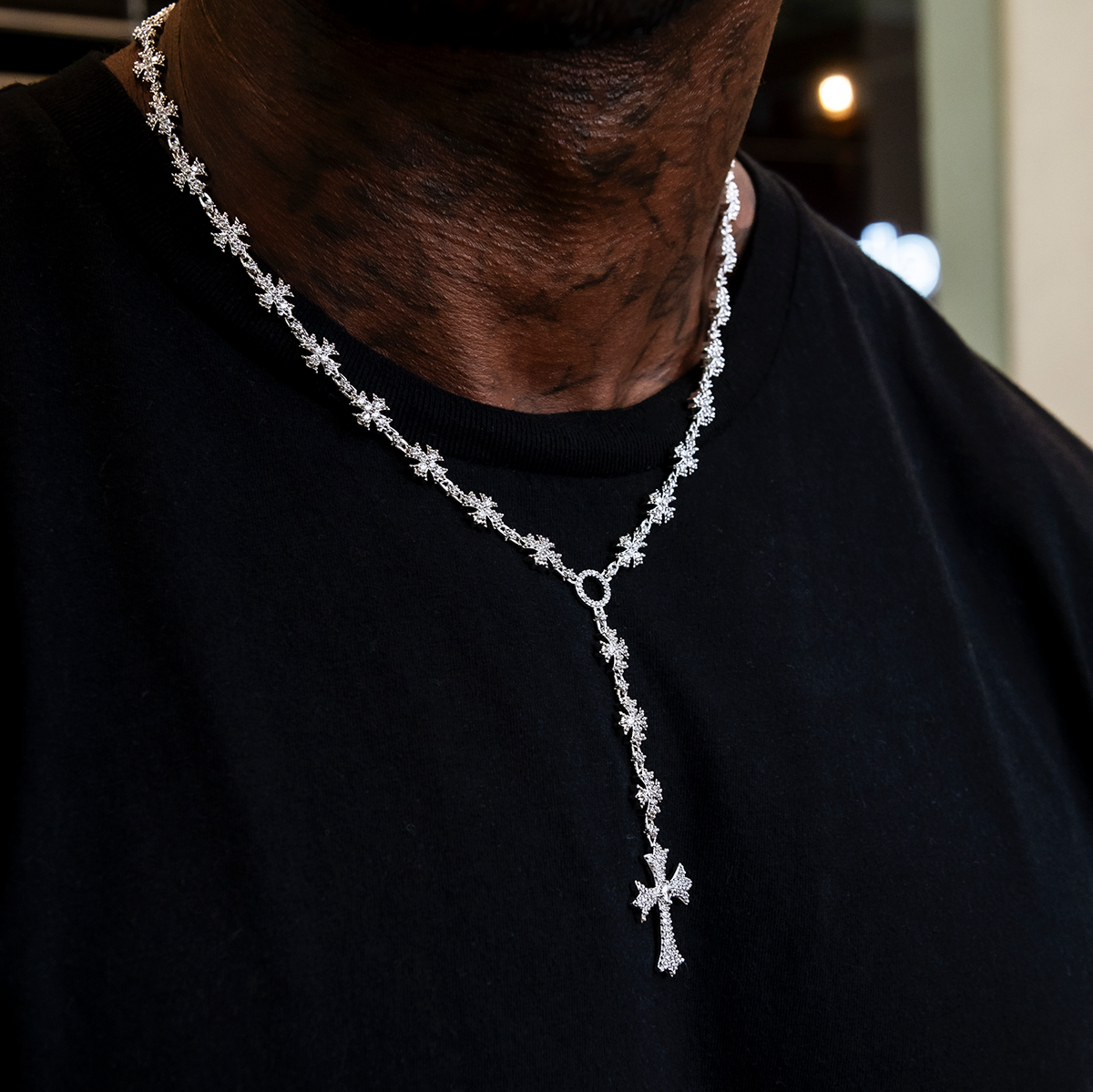 Flared Cross Rosary Chain in White Gold - 8mm