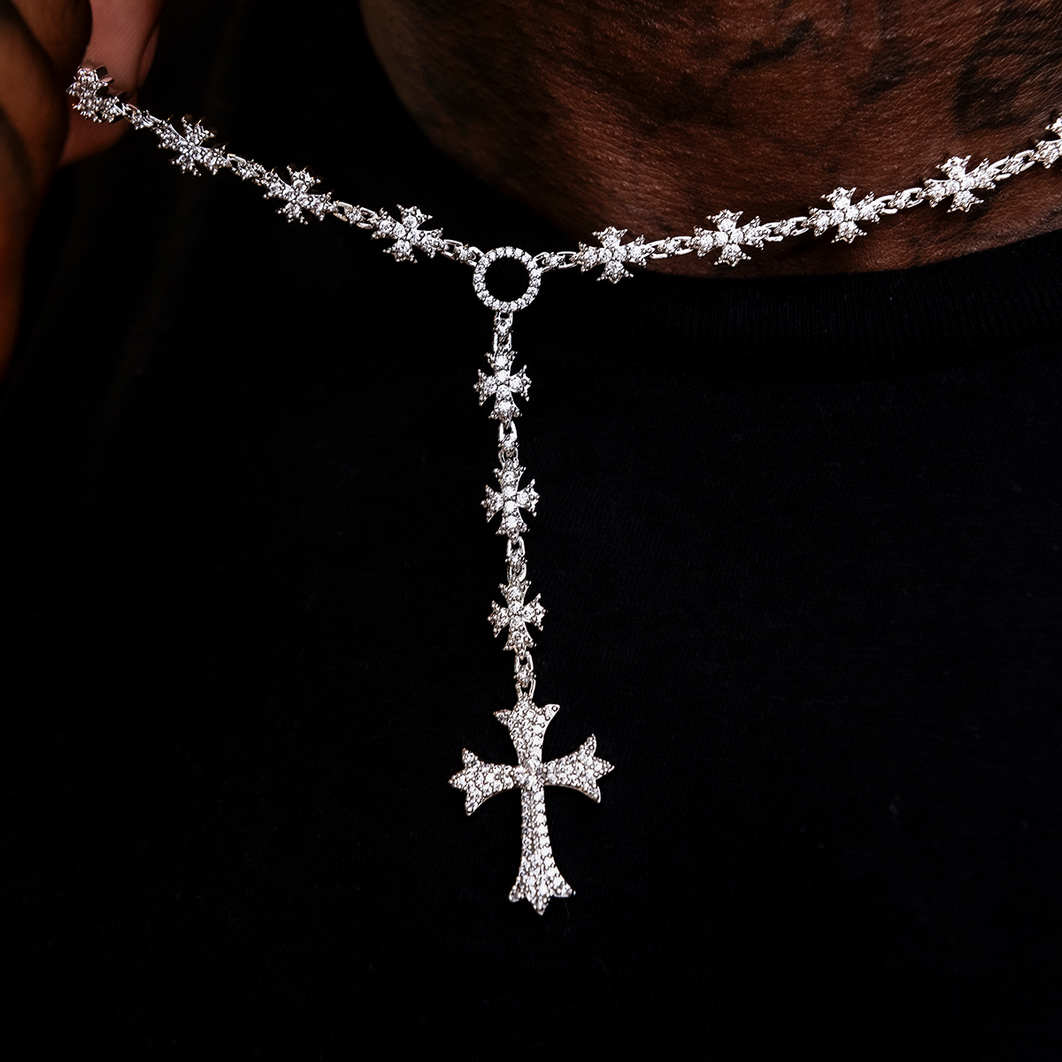 Flared Cross Rosary Chain in White Gold - 8mm