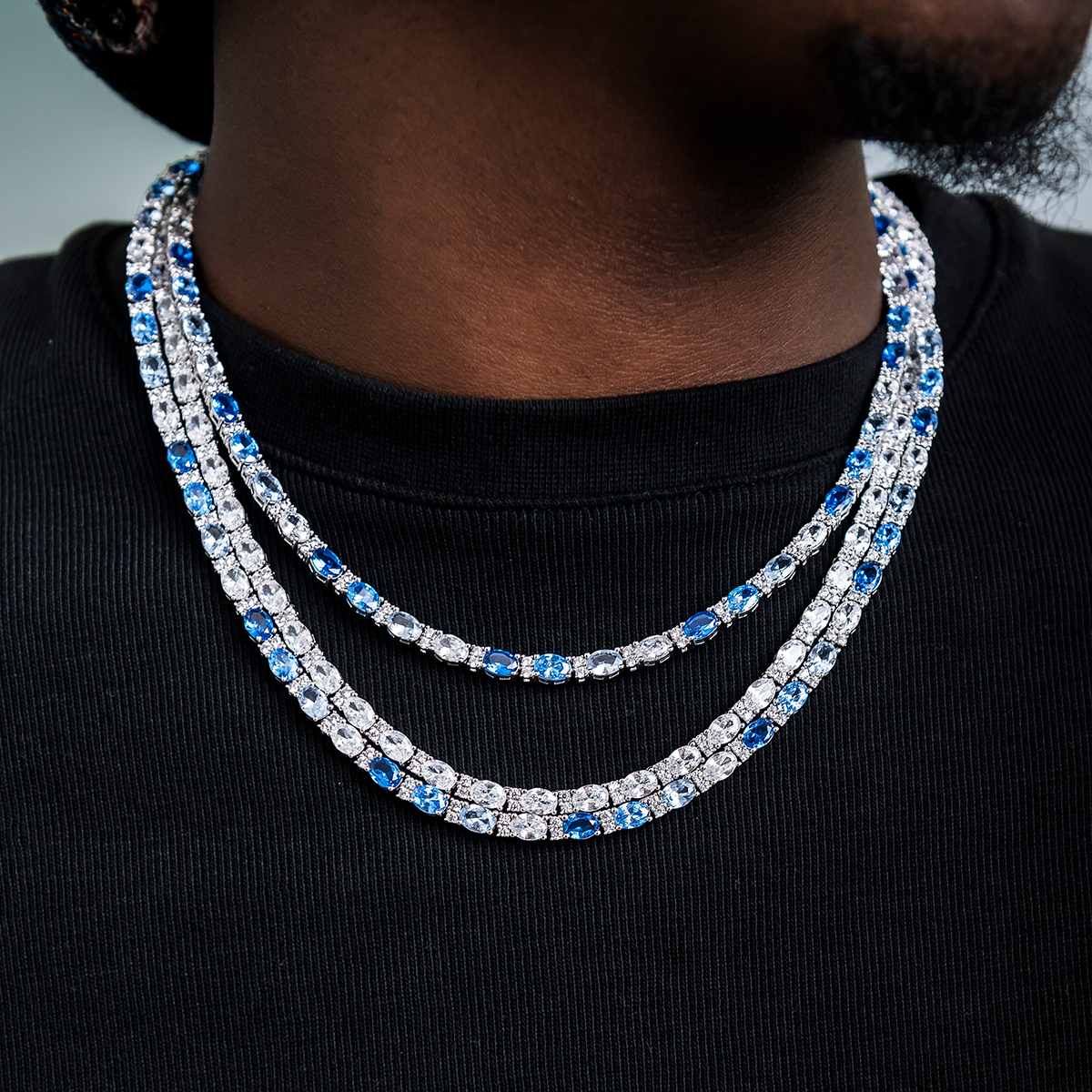 Blue Mixed Oval Cut Tennis Chain in White Gold - 5mm