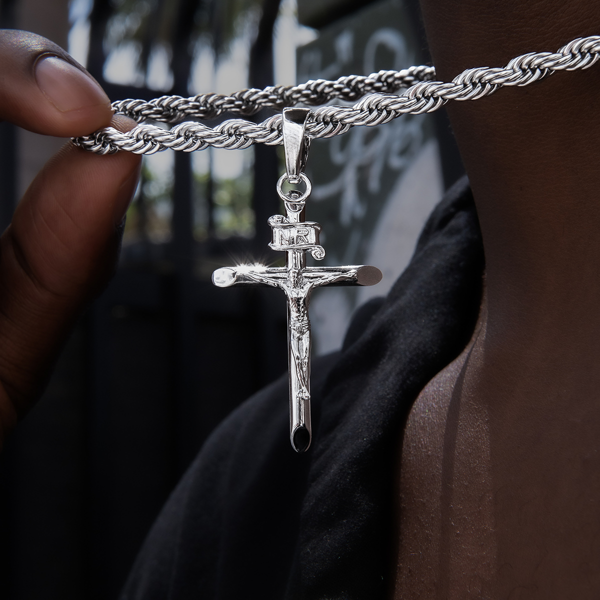 Large Crucifix Cross Pendant in White Gold